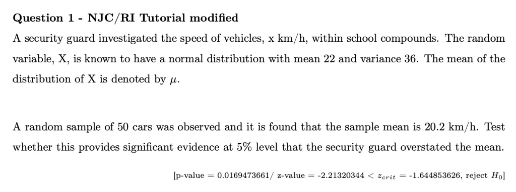 H2 Math Hypothesis Testing Practice Question 1